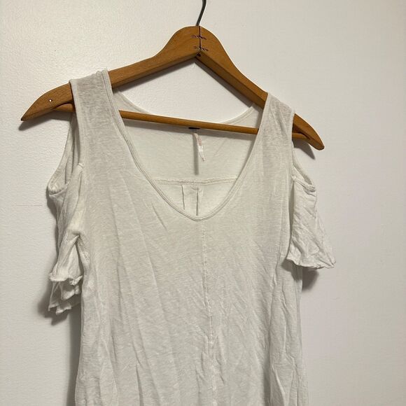 Free People Top Women's XS Bittersweet Ivory Linen Blend Cold Shoulder Shirt - Picture 2 of 7